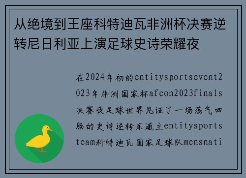 从绝境到王座科特迪瓦非洲杯决赛逆转尼日利亚上演足球史诗荣耀夜 从绝境到王座科特迪瓦非洲杯决赛逆转尼日利亚上演足球史诗荣耀夜